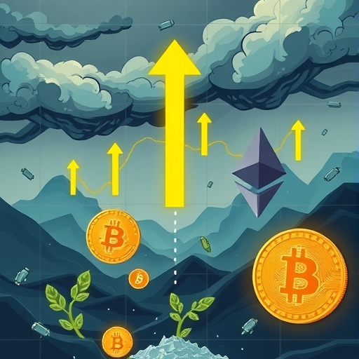 A digital illustration showing a volatile cryptocurrency market with Bitcoin and Ethereum prices dropping represented by downward arrows and stormy clouds yet subtle signs of green shoots symbolizing resilience and new opportunities in the background