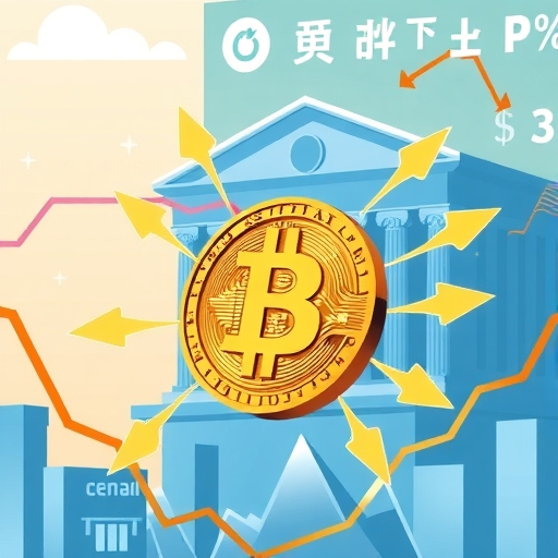 日本金融市場場景，日圓硬幣轉變為比特幣，周圍環繞全球資金流向箭頭與中央銀行建築插圖風格