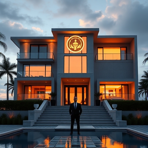 未來奢華豪宅配備隱形安全功能，Sauron標誌閃耀，智慧家居介面與商業執行長身影插圖