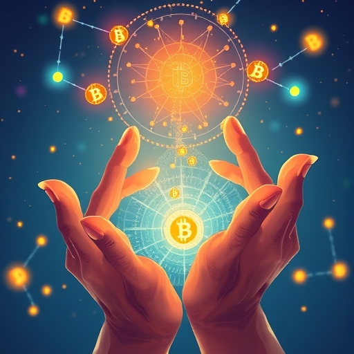 A vibrant illustration of institutional investors like HashKey Capital pouring funds into blockchain technology represented by large secure hands nurturing glowing blockchain nodes and startups symbolizing long term confidence and growth