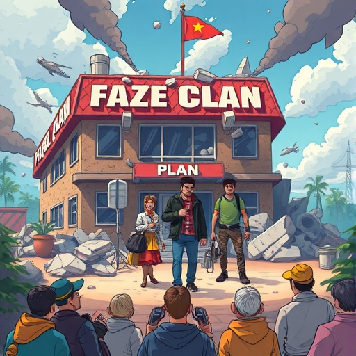 多元網紅離開崩壞 FaZe Clan 大樓的生動插圖，粉絲社群憂心旁觀