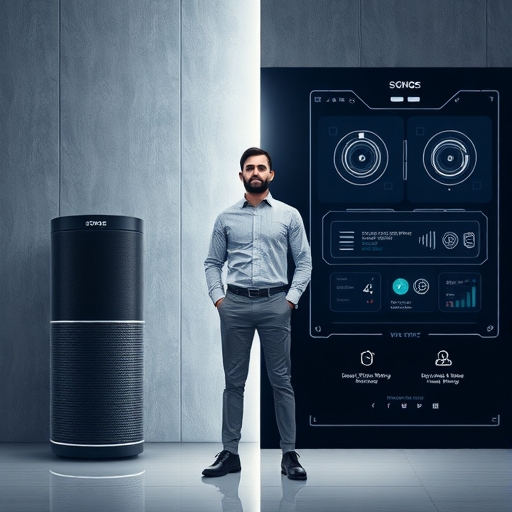 遠見領袖站在Sonos揚聲器與高科技安全介面之間，象徵智慧家居與奢華安全的融合插圖