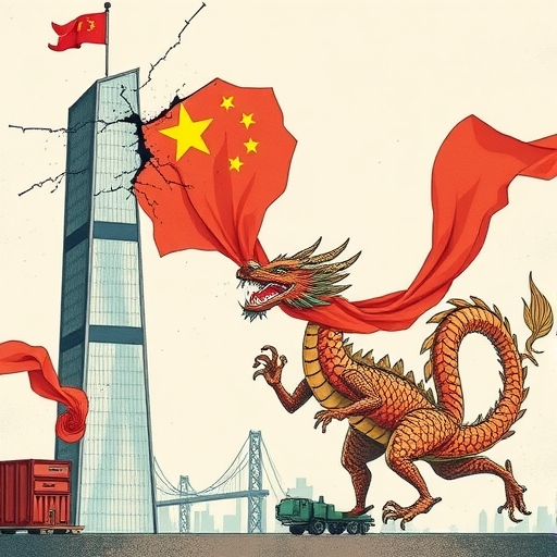 中國經濟挑戰的插圖,顯示房地產危機的裂開摩天大樓、掙扎的龍與全球供應鏈的弱點