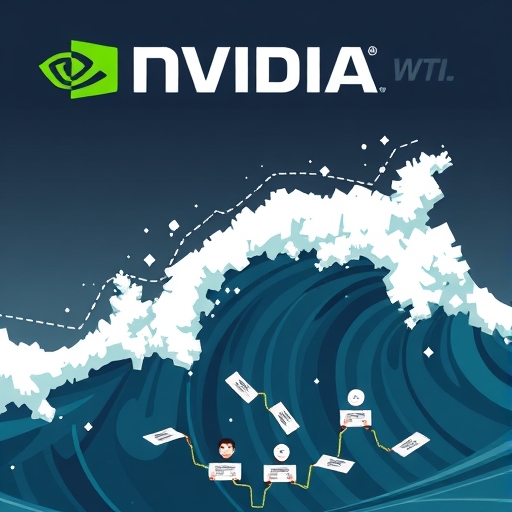 An illustration depicting Nvidia and an athleisure brand logo with a wave of stock certificates being sold by internal figures causing a ripple effect of concern among investors in a stylized market setting