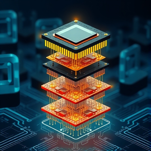 複雜3D封裝晶片結構插圖,展示先進半導體技術創新