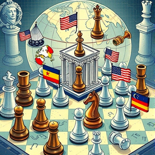An illustration depicting a complex global chessboard with pieces representing geopolitical tensions trade wars and central bank policies affecting supply chains and market prices