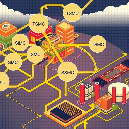 半導體晶片與工廠網絡的複雜圖像，描繪台積電與中芯國際的兩岸競爭，以及全球供應鏈的連結