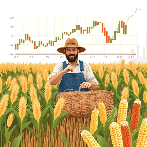農民收穫玉米、小麥和大豆等穀物，背景圖表顯示價格波動，穀物製造商角色平衡成本管理策略如對沖與高效生產，對抗市場壓力