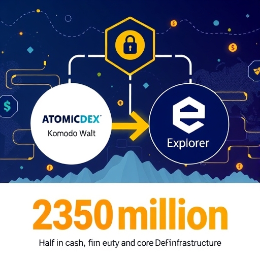 安全的數字資產交換插圖，展示 AtomicDEX、Komodo Wallet 和 Explorer 轉移，價值 2,350 萬美元一半現金一半股權