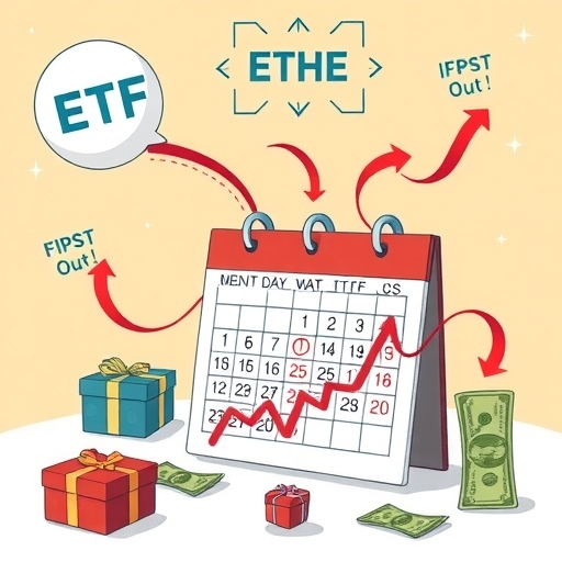 An illustration depicting major ETF products like IBIT and ETHE experiencing financial pressure a calendar showing approaching Christmas with arrows indicating funds flowing out of the investment vehicles