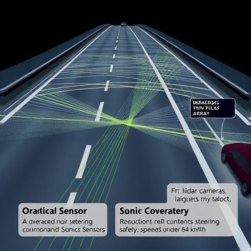 DRIVE PILOT系統的先進感測器陣列，包括光達、攝影機、雷達和超音波，掃描高速公路環境，顯示低於64公里時速的安全備援系統