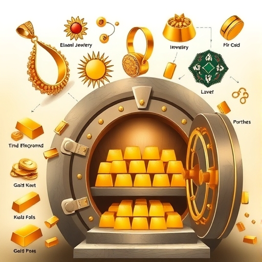 黃金從優雅珠寶、小型電子元件到央行金庫中金錠的多種用途插圖，展現其多樣角色與持久價值