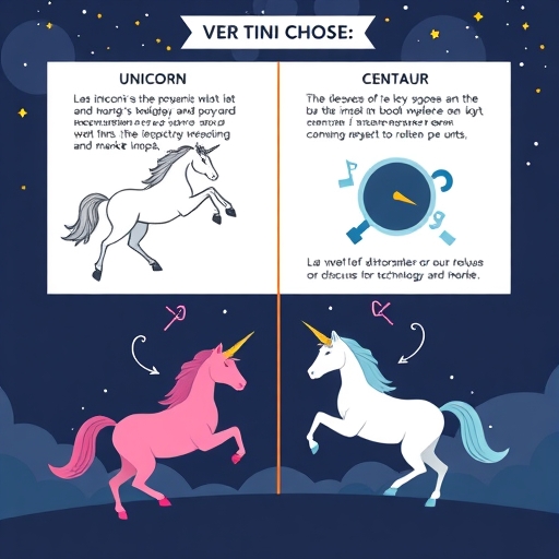 An illustration explaining the definitions and significance of unicorn and centaur companies as key metrics for startup success representing disruptive technology and market impact