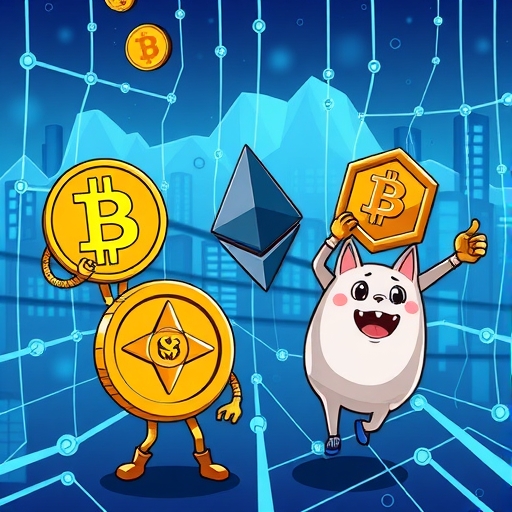 比特幣、以太幣、Solana、瑞波幣與狗狗幣等主要加密資產的動態插圖，呈現<a href=