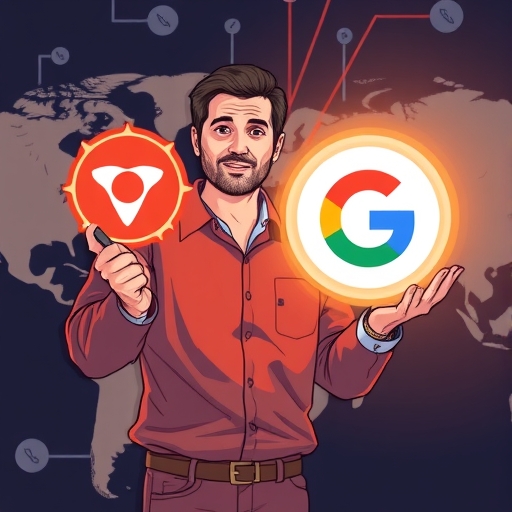 Bernardo Quintero作為遠見企業家，呈現發光的VirusTotal標誌與放大鏡圖示，向簡化版Google標誌展示，象徵收購過程，背景為全球網路圖案