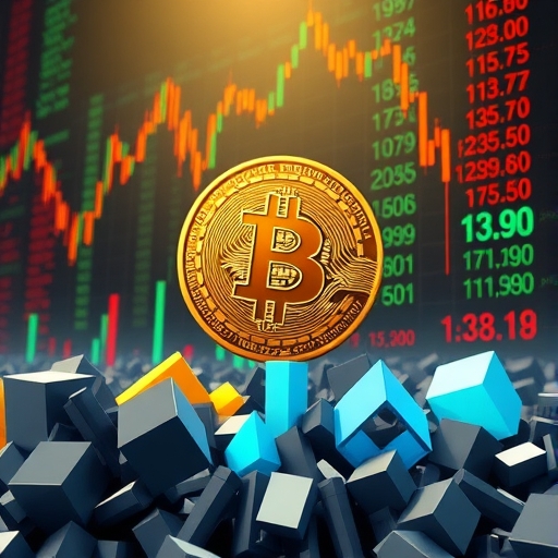 比特幣拖累其他數位資產插圖,背景對比強勁傳統股市,市場情緒謹慎