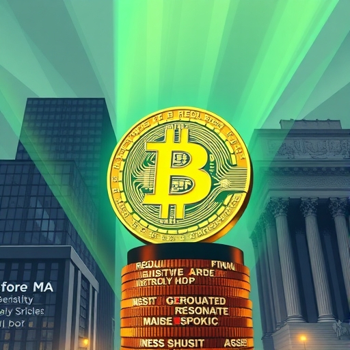 比特幣綠燈照耀,周圍有受監管金融建築與傳統投資者擁抱成熟數位資產的插圖