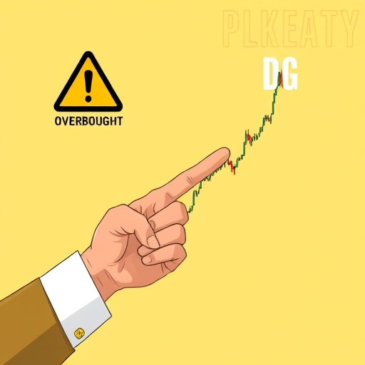 Dollar General DG 股票圖表插圖,顯示急劇上漲尖峰與超買警告,手指指向潛在拉回