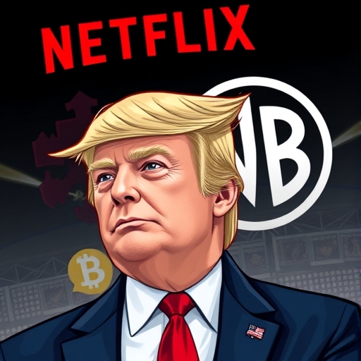 唐納·川普表達對市場份額與壟斷的強烈疑慮，背景出現Netflix與華納兄弟探索合併標誌，象徵潛在市場集中