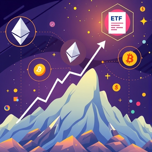 以太幣動態上漲的插圖，周圍環繞質押與代幣化符號，聚焦ETF文件吸引多元投資者，呈現充滿活力的加密市場