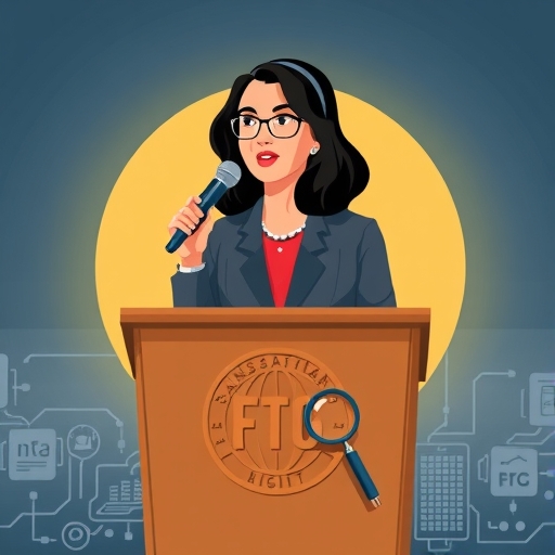 FTC 主席麗娜·汗在講台上強調數位平台透明與消費者權利的插圖