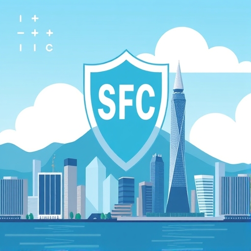 香港天際線插圖，盾牌象徵 SFC 監管保護虛擬資產公司並促進透明度