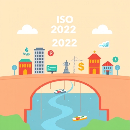 An illustration of ISO 20022 standard as a bridge connecting various financial institutions represented by modern digital payment icons and XRP flowing through it enabling fast and secure cross border transactions