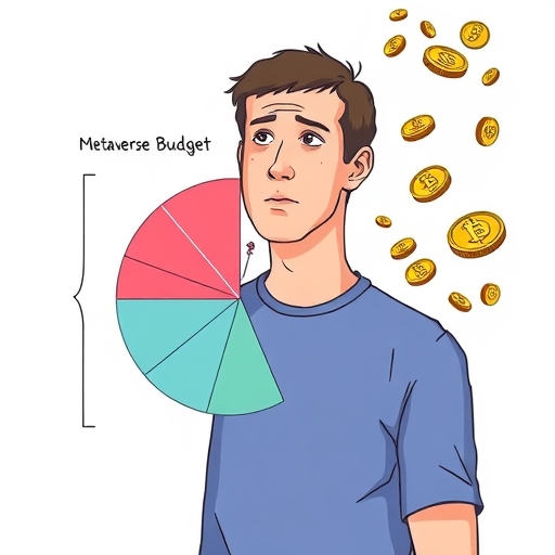 馬克·祖克柏注視元宇宙預算縮減餅圖與飛散金幣，象徵財務評估插圖