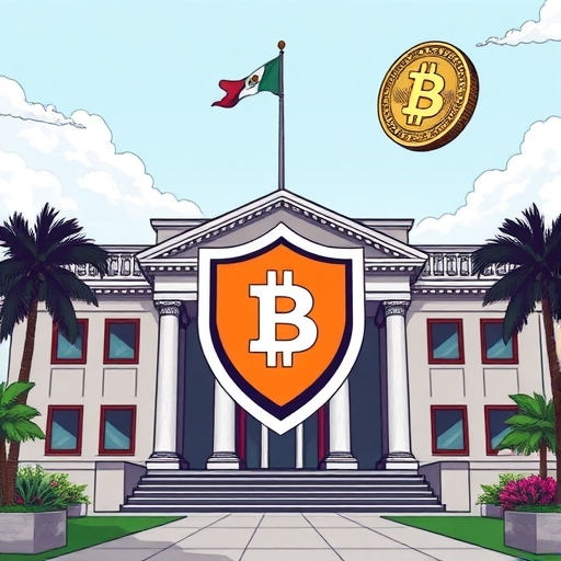 墨西哥央行建築插圖，展示與波動加密符號間的防護盾，以及代表CBDC的穩定數位幣