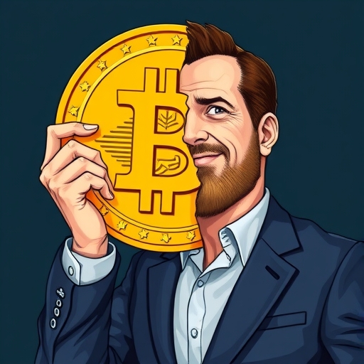 An illustration of Michael Saylor a strategic investor holding a large bitcoin coin with a strong determined expression symbolizing his unique accumulation philosophy and continuous acquisition of digital assets for MicroStrategy treasury