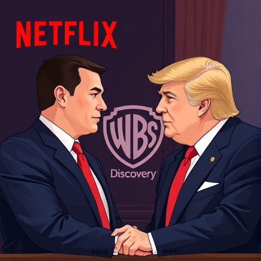 Netflix執行長泰德·薩蘭多斯與唐納·川普在正式場合會面，背景隱約出現華納兄弟探索標誌，象徵重大商業收購與政治討論