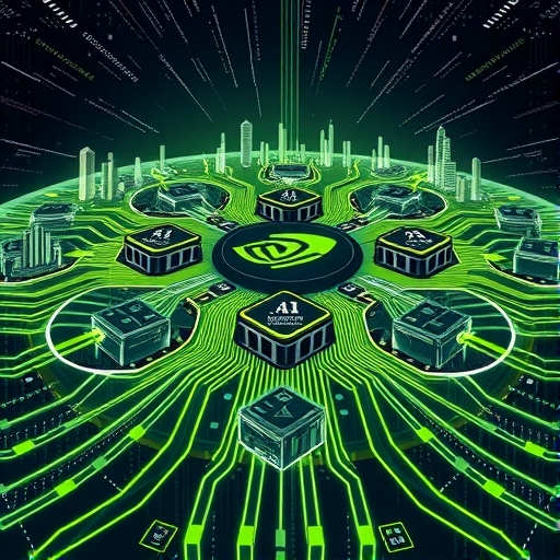 Nvidia GPU位於AI生態系統核心,連接數據中心與模型,象徵CUDA平台的市場領導
