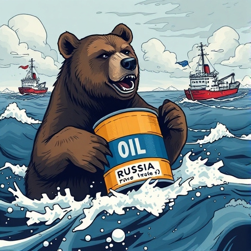 俄羅斯如熊在西方制裁風暴中航行的插圖,手持油桶並與非西方船隻交易