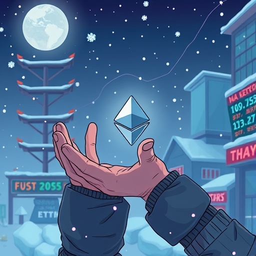 An illustration of South Korean retail investors actively buying Ether on a platform like BitMine despite a dramatic price drop depicted by a determined person holding a small but growing Ether coin amidst a cold market landscape