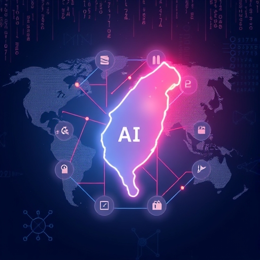 An illustration of Taiwan island as a shining semiconductor chip at the center of a global technology map surrounded by AI symbols and data streams representing its strategic core role in the AI era