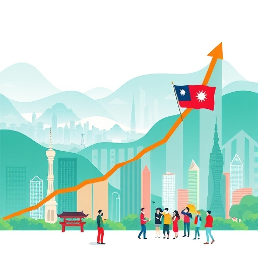 台灣2024年經濟預測插圖,上升趨勢圖表,半導體投資、綠能項目與公共基礎設施符號