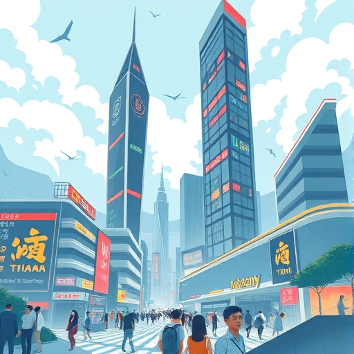 台灣繁榮經濟的插圖,描繪高聳科技大樓與忙碌人群,隱約透露出貧富差距與生活成本等社會挑戰的陰影
