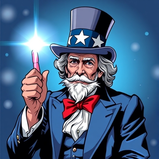 An illustration of Uncle Sam as the largest shareholder in a new tech startup Xlight a chip laser company symbolizing unique opportunities and challenges