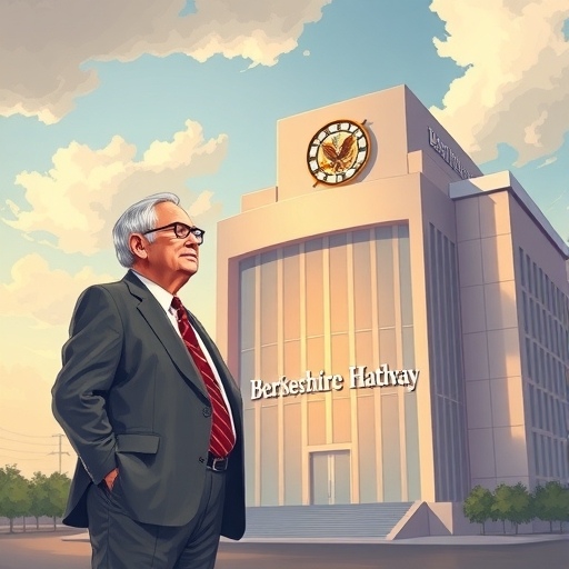 華倫·巴菲特站在標有波克夏海瑟威的大型多元化公司建築旁,一位年輕高管望向光明未來,象徵接班與後巴菲特時代的獨特投資機會