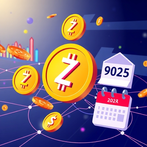 Zcash幣順暢流動於網路,象徵經濟可及性,背景為比特幣9萬美元圖表與標註2025年的日曆及央行利率圖示