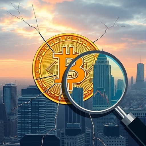 比特幣價格圖表徘徊於9萬美元,疊加脆弱碎裂玻璃效果,象徵市場弱點,放大鏡顯示低流動性,遠方聯準會大樓