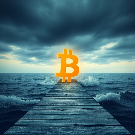 比特幣符號離開風暴波動過去,走向平穩穩定地平線,象徵市場深度與流動性增加的插圖