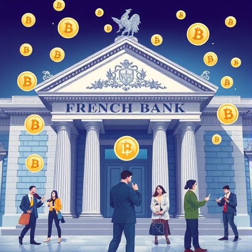 法國銀行大樓環繞數位貨幣符號的插圖,零售客戶透過手機操作加密交易,背景有安全數位金庫,展現傳統金融與加密資產的融合