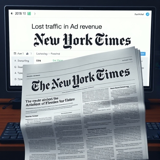 紐約時報報紙插圖，文章被AI機器人系統性複製，背景螢幕顯示鬼寫文字，象徵流量與廣告收入損失，這家領先報紙對抗AI內容使用