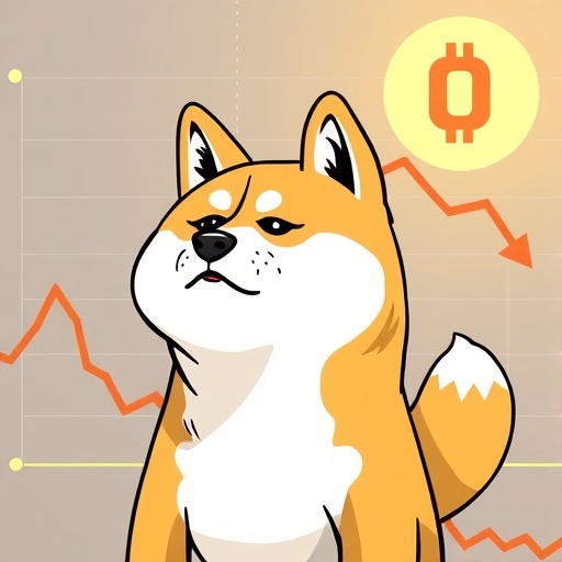 柴犬代表狗狗幣的插圖，小心觀望輕微下降的市場圖表，象徵軟性看跌信號與市場盤整期