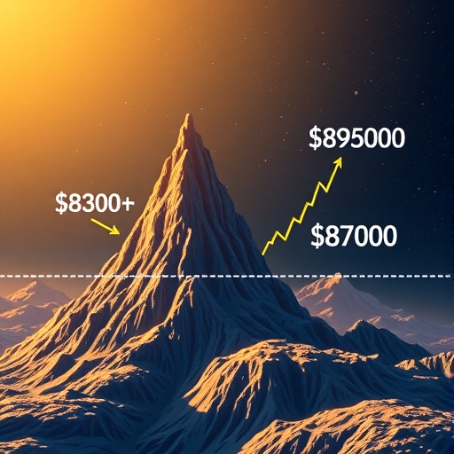 比特幣價格圖表顯示從89,000美元高峰突然跌破87,000美元,展現波動收縮市場範圍