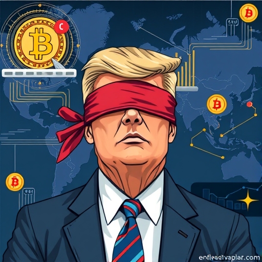 An illustration of a blindfolded person representing Trump administration national security strategy overlooking digital assets like Bitcoin and blockch<a href=