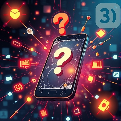 An illustration of a broken or fading smartphone surrounded by futuristic glowing technology elements representing new innovations a question mark floating above