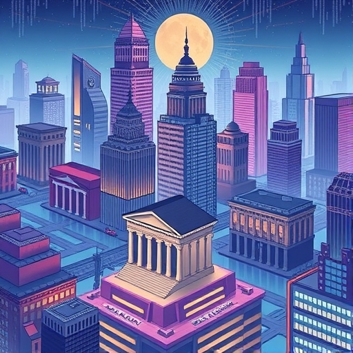 傳統銀行建築與區塊鏈結構融合的繁華數位城市，象徵美國金融體系在加密資產與監管機構引領下的轉型