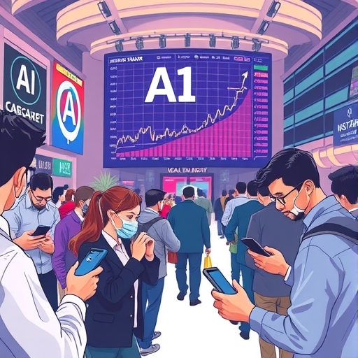 繁忙金融市場插圖，投資人手持智慧手機觀察圖表，大螢幕背景顯示AI與股票趨勢
